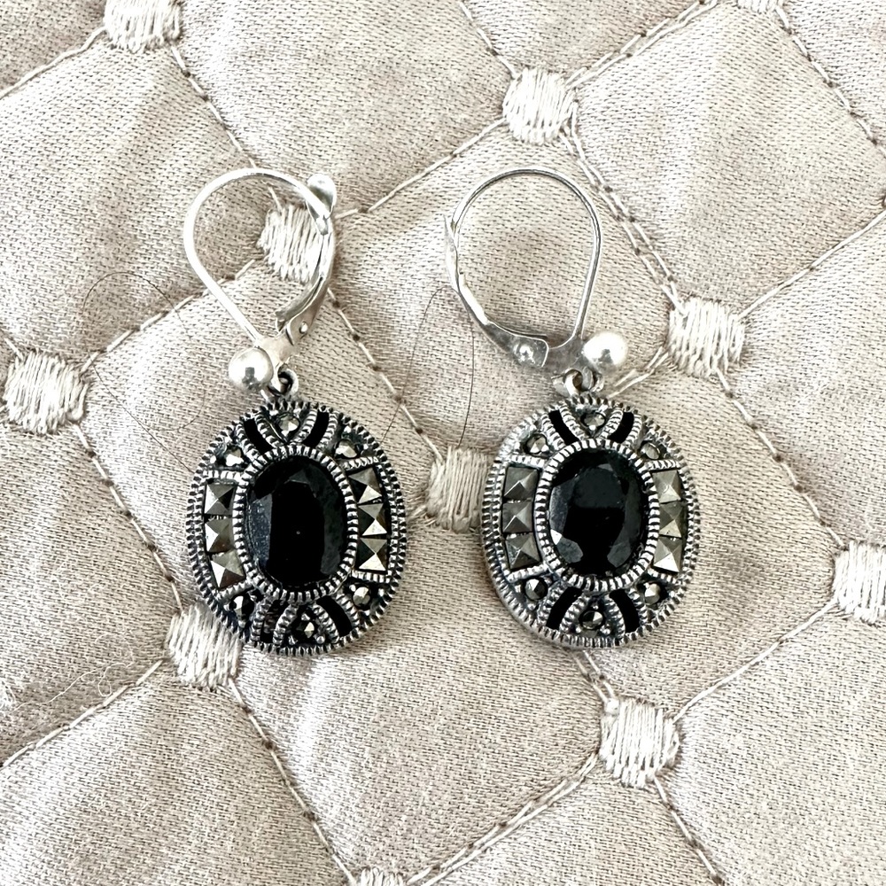 Drop sterling silver and marcasite earrings.